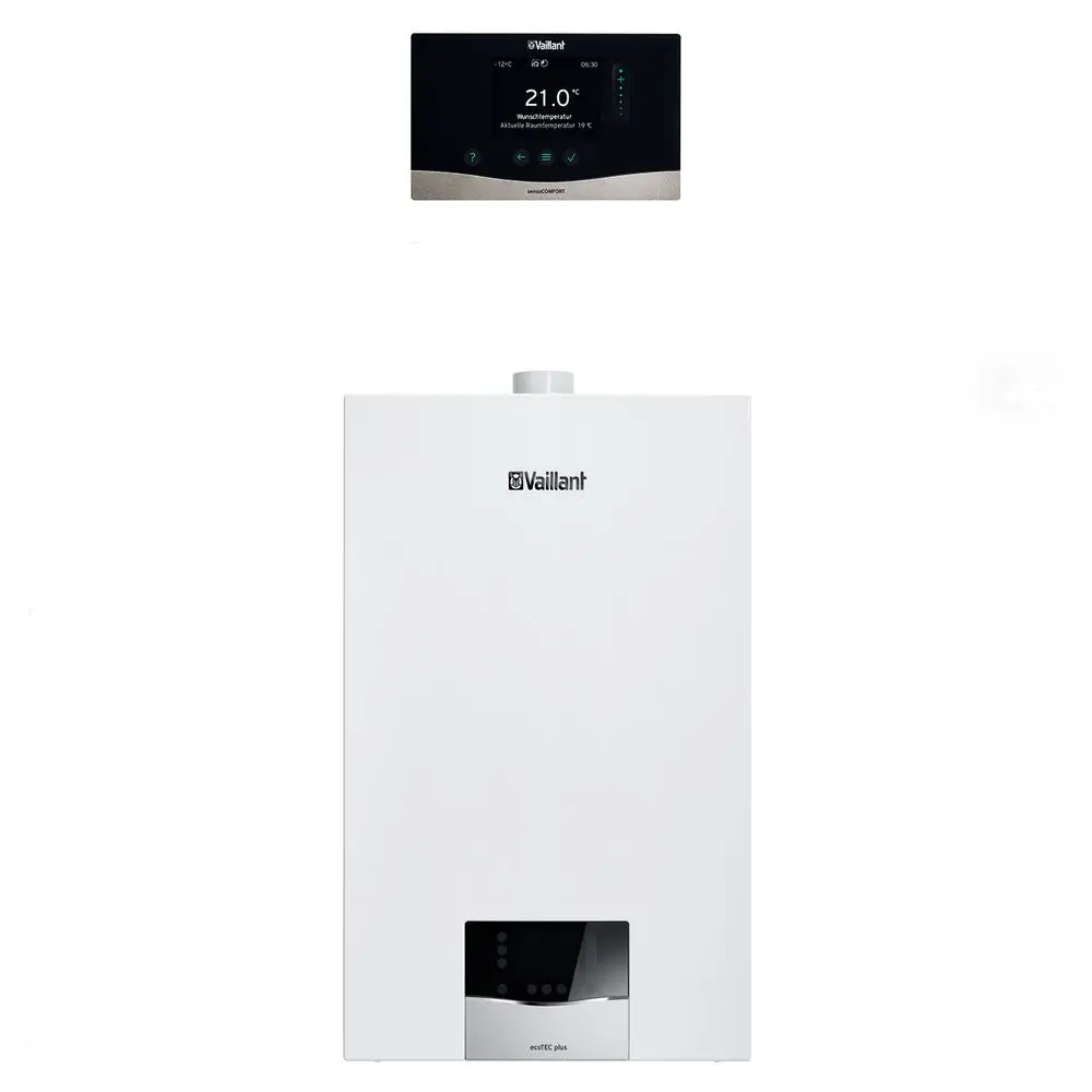 Vaillant Heizkessel in weißer Bauweise mit digitalem Bedienelement oben, das die Raumtemperatur anzeigt. Das Gerät ist für die Heizungs- und Warmwasserbereitung konzipiert.